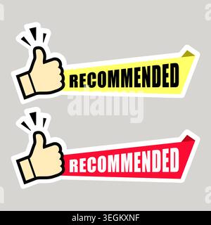 Recommend thumb up emblem sticker. Yellow and red labels. Vector illustration. Stock Vector