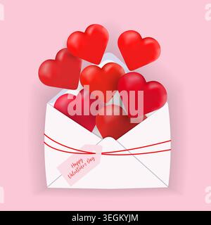 Envelope with big red hearts and a little tag "Happy Valentine's day". Vector design. Stock Vector