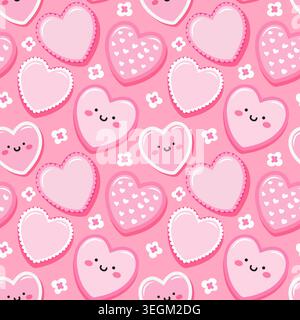 Cute hearts seamless pattern on pink background with tiny flowers. Vector design. Stock Vector