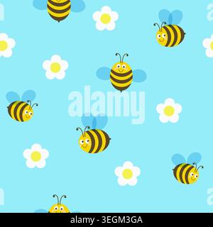 Bees and flowers seamless pattern. Flat design. Vector illustration. Stock Vector