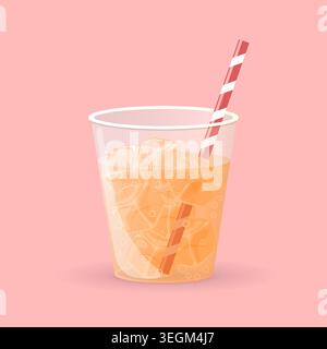 Ice cubes in orange drink with bubbles and straw. Vector design. Stock Vector