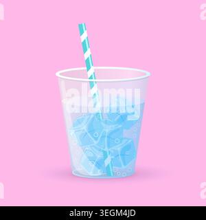 Ice cubes in a cup of water with bubbles and straw. Vector design. Stock Vector