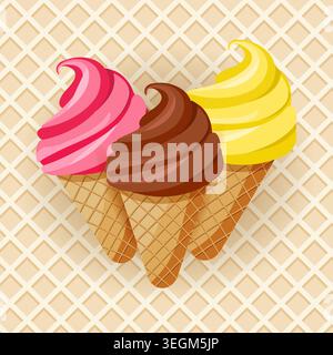 Ice cream cones poster on a waffle background. Vector design. Stock Vector