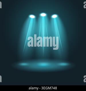 3 Spotlights in blue shadows. Room studio background. Vector design. Stock Vector