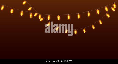 Luminous electric garland background. Realistic lamps on the cable. Vector design. Stock Vector