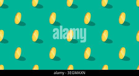 Golden coins seamless pattern on green background. Concept of wealth. Vector design. Stock Vector