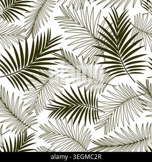 Palm leaves monochrome seamless pattern on a white background. Vector design. Stock Vector