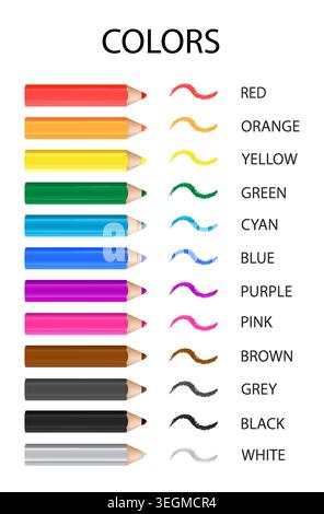Names of colors in english: white, black, grey, brown, pink, purple, blue, cyan, green, yellow, orange, red.  Vector design. Stock Vector
