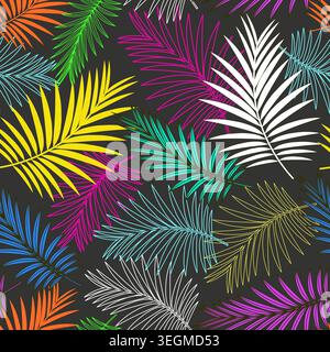Seamless colorful pattern with palm leaves on the black background Stock Vector