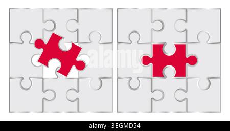 White puzzle with red piece in the middle. Business concept. Graphic design. Stock Vector