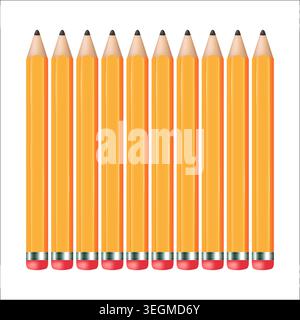 10 Pencils with rubber. Stationery. Isolated on white background. Vector design. Stock Vector