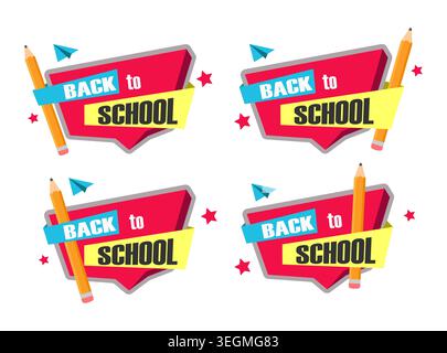 Back to school sign with pencil, paper airplane, stars. Vector design. Stock Vector