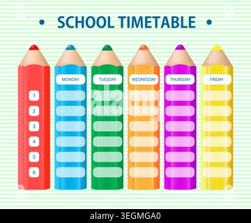 School timetable with colorful pencils. Weekly planner. Vector design. Stock Vector