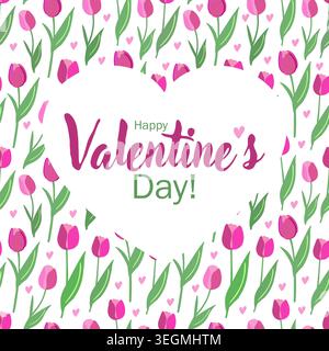 Happy Valentine's day greeting card with pink tulips and tiny hearts on white background. Vector design. Stock Vector