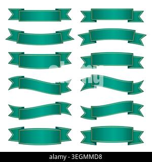 Green gradient ribbons set with golden elements  to decorate banners, posters, cards and invitations. Vector design. Stock Vector
