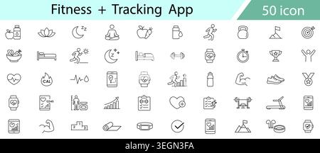 Fitness and Health Tracking App Combo Icon Set, Workout Wellness Activity Monitor and Healthcare Line Vector Icons for Mobile Fitness Applications Stock Vector