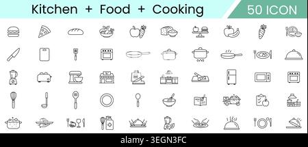 Kitchen Food and Cooking Combo Icon Set, Culinary Recipe Kitchenware and Meal Preparation Line Vector Icons for Restaurant and Cooking Apps Stock Vector