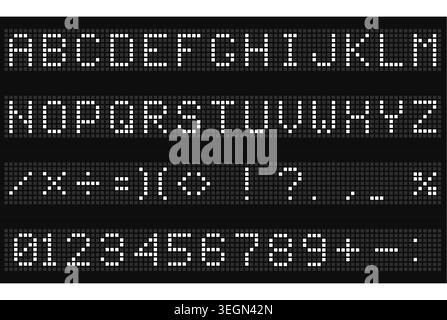 Led digital font, electronic display alphabet, electronic numbers and letters of digital ticker board, vector Stock Vector