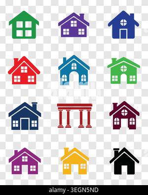 Varied collection of house icons and building silhouettes in vibrant colors. Architectural symbols perfect for real estate, construction, property man Stock Vector