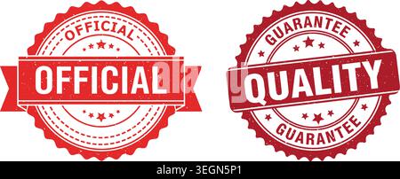 Two red rubber stamp seals featuring distressed textures. One reads official, other quality guarantee. Signifies authenticity and trusted assurance. Stock Vector