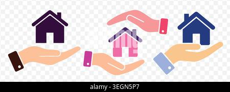 Hands in various colors hold and protect miniature houses. Icons represent real estate, housing services, property protection, and home ownership conc Stock Vector