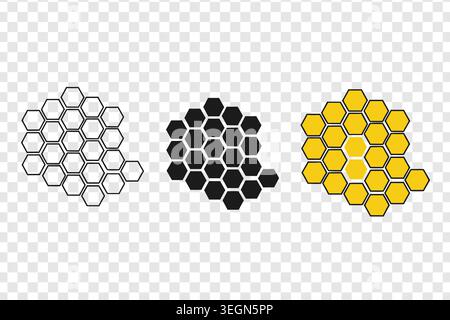 Collection of honeycomb patterns. outline, solid black, and yellow filled hexagons. geometric cell structure. transparent background. vector illustrat Stock Vector
