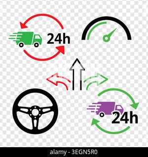 Graphic set showing delivery van with motion lines steering wheel speedometer and directional arrows. Concept illustration for around the clock shippi Stock Vector