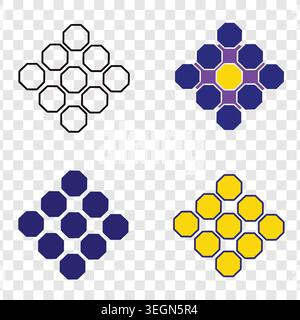 Set of octagonal patterns. black outline, blue, blue with purple and yellow, and yellow filled shapes. transparent background. vector illustration. Stock Vector