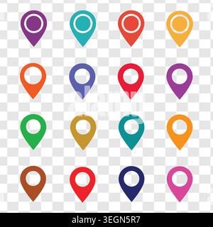 Set of diverse drop shaped navigation pointers in various bright colors like red green blue and purple. Professional ui ux design elements for mobile Stock Vector