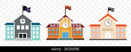 Collection of three school buildings. various architectural styles. clocks and flags on rooftops. vibrant colors. transparent background. vector illus Stock Vector