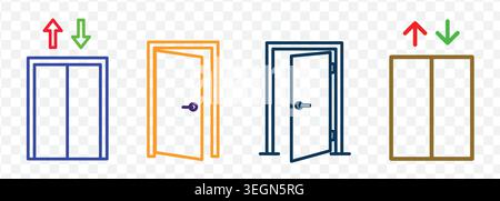 Collection of door symbols including open doors, closed doors, and elevator doors with up and down arrows. Represents entry, exit, access, and transpo Stock Vector