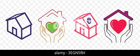 Stylized houses paired with hearts and cupped hands. Icons represent home love, safety, care, protection, and support for family and dwelling. Stock Vector