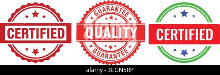 Three round and rectangular stamp seals indicating certified quality, guarantee, and official status. Represents trust, authenticity, and high standar Stock Vector