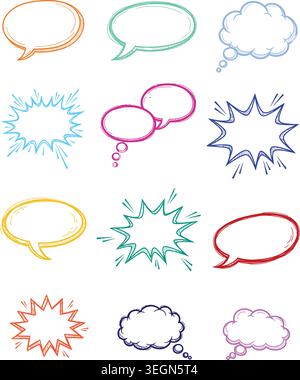 Collection of hand drawn speech bubbles and comic style explosion shapes. Stock Vector