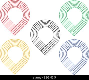 Collection of five abstract pin shapes, each in a distinct color: red, yellow, green, blue, and black. Modern design elements. Stock Vector