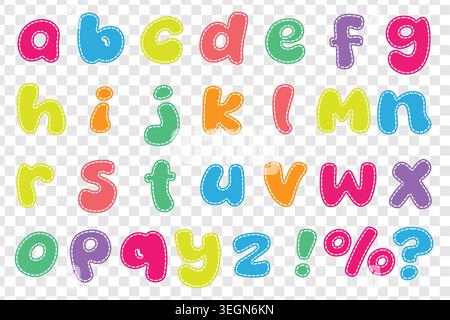 Comprehensive collection of uppercase english alphabet letters and common symbols with white dashed borders. Colorful typography set suitable for elem Stock Vector
