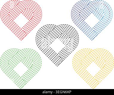 Five heart shapes made of dashed lines, in red, blue, green, yellow, and black, forming a circular arrangement. Artistic symbols. Stock Vector