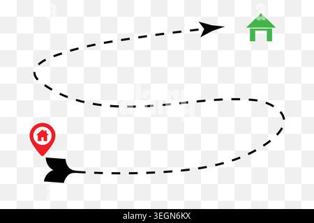 Graphic showing a path with a dashed line connecting a starting point home icon to a destination point pin icon. Ideal for logistics, delivery, naviga Stock Vector