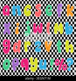Colorful collection of lowercase alphabet letters and symbols designed with a stitched thread effect. Playful font set perfect for children designs, s Stock Vector