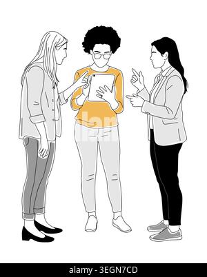 Three women discuss documents in a casual office Stock Vector