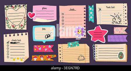 Cute memo paper frames with colorful stickers and doodle elements, cartoon vector set of illustrations. School notebook pages, diary sheets, and decorative tape for kids journals and planners. Stock Vector