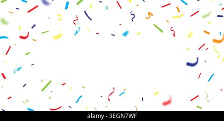 Abstract party background featuring vibrant confetti pieces and curling ribbons arranged around a spacious center area. Great for birthday graphics. Stock Vector