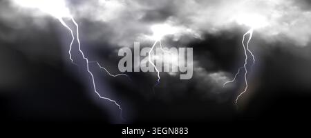 Thunderbolt and lightning strike through stormy dark clouds, realistic vector background. Atmospheric banner with dramatic powerful bolts glowing in the night sky, bad weather illustration, hurricane Stock Vector