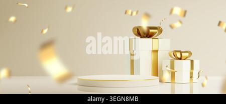 Luxury podium, white gift boxes with golden ribbon bow, 3d realistic vector background with gold confetti. Holyday banner with Christmas presents or birthday surprises, premium product display Stock Vector