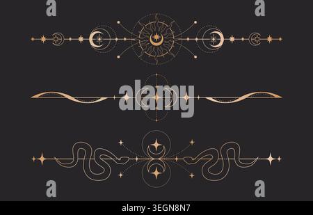 Frame designs set for magic tarot cards isolated on black background. Vector realistic illustration of vintage golden dividers with celestial moon, sun, snake icons, mystic ornaments, esoteric symbols Stock Vector