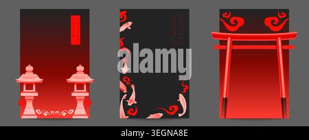 Japanese cards with torii gate, koi fish and traditional cloud motif, oriental vector background set. Authentic cultural elements, posters with red pagoda arch and minimalist design Stock Vector