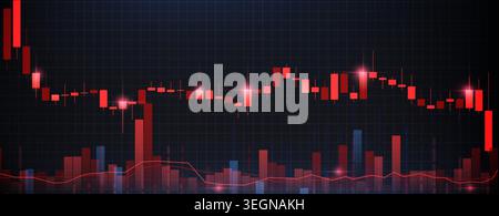 Stock market decline graph with red candlestick chart, glowing data bars, abstract vector background. Downward financial trend and falling exchange data on grid bg Stock Vector