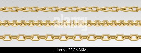 Golden chain links, seamless metal pattern with realistic gold texture, vector set isolated on transparent background. Jewelry design, necklace illustrations, border elements, frame collection Stock Vector