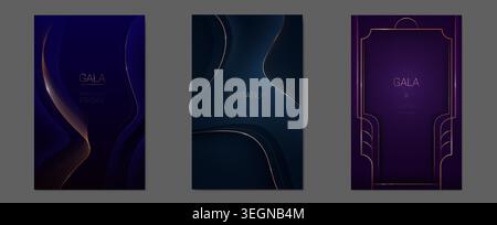 Elegant purple and blue abstract vector background with flowing golden thin lines and premium light effect. Luxurious award invitation with curved metal borders, gold frame banners Stock Vector