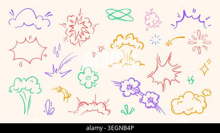 Colorful comic emphasis elements set isolated on background. Vector cartoon illustration of doodle explosion effects, brush strokes for dynamic action scenes, bomb burst icons, anime motion symbols Stock Vector